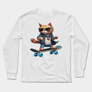 a cat riding a skateboard wearing sunglasses Long Sleeve T-Shirt